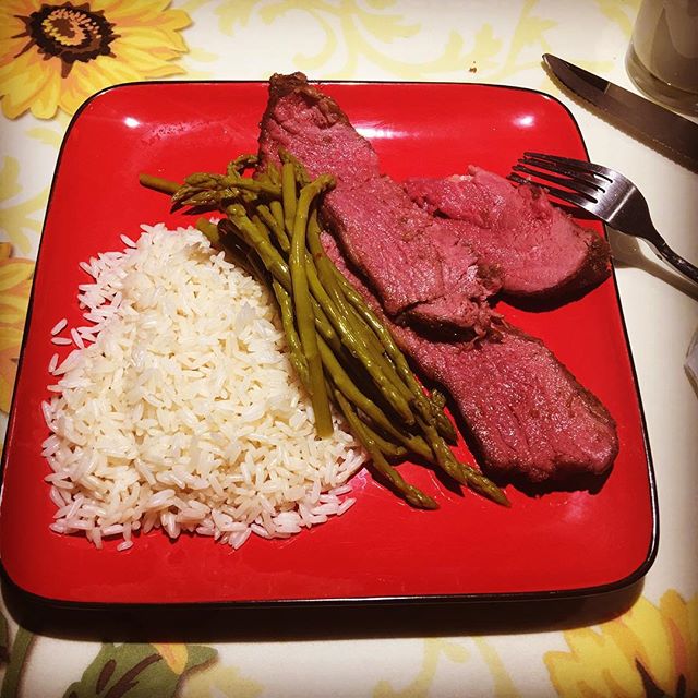 Dinner time. White rice and Smoked Tri-Tip with marinated asparagus