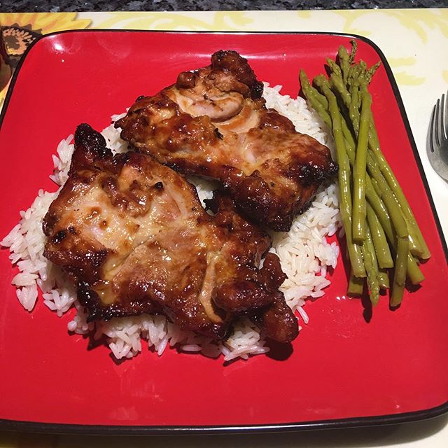Dinner time. White rice and Teriyaki Chicken Breasts with marinated asparagus