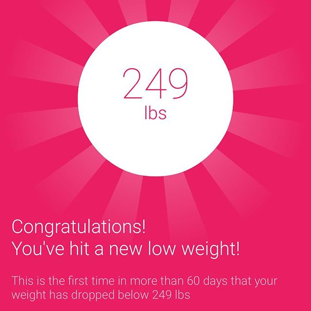 I am now below 250 lbs! Dropped a couple of more pounds I am now at 248.6 lbs, on to the next goal of 245 lbs!!! I've scaled back on the calories for a little bit, as I have taken a couple of weeks off from the gym due to traveling and just not feeling 100 %. I due plan to hit the gym hard coming up, but I am currently seeing how low I can get first.

#workinprogress 