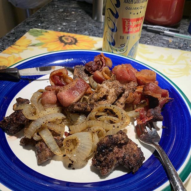 Post work meal! Beef liver, bacon and onions!! Yum yum! #workinprogress  l