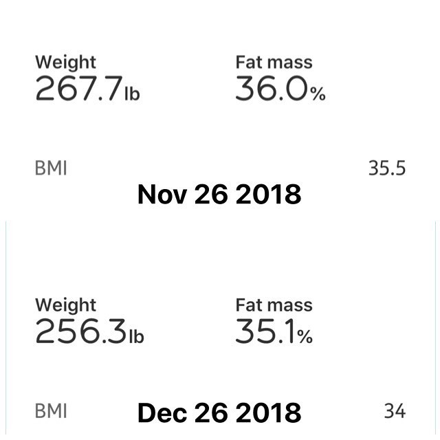 30 Day Weigh In: 
Today is the 30th day of my 90 Day Challenge I started with myself. So far I have lost a total of 11.4 lbs and my BMI is coming down too. My overall loss would maybe have been more but I did go off my plan a little for the Christmas Eve and Christmas dinner. I am totally ok with my progress so far. Looking forward to the next 30 Days and beyond.

#workinprogress 
