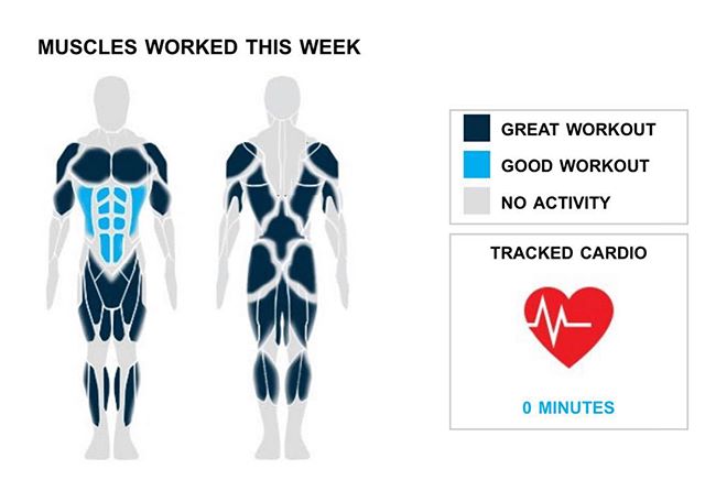 Weekly Recap from bodybuilding.com for last week!

ABDOMINALS
You were superhuman this week at the gym. You did 15 ab sets, which is over twice your weekly average. 20% of your week's workouts involved your abs. Your leading lift from the week was plank, which only accounted for five of your 15 sets. 
BICEPS
Is there such a thing as too many bicep sets? Based on your five this week, no way! The lone bicep lift you did was hammer curls, although you did average an impressive 30 lbs. per set.

MIDDLE BACK
Your middle back must be feeling it after this week's workouts. Your two exercises were much higher than normal, while you also did 10 sets. Bent over barbell row was your lone middle back lift, but you did crush the exercise, lifting an average of 95 lbs. per set.

NOTES:
* Way to go! Clocking in with 2,775 lbs., you set a new personal best in total weight lifted with your quads.
* You've officially put your calves on the fast track to serious strength gains. Over just the last month your standing barbell calf raise went from 45 lbs. to 70 lbs.
* With seven ab sets, you did more than your three-month average of four. Way to get after it, buddy.
* The improvement in your ez-bar curl over the past six months has been awesome. You are now averaging 70 lbs. for the lift, while six months ago you were doing 15 lbs. per set.

 #workinprogress 