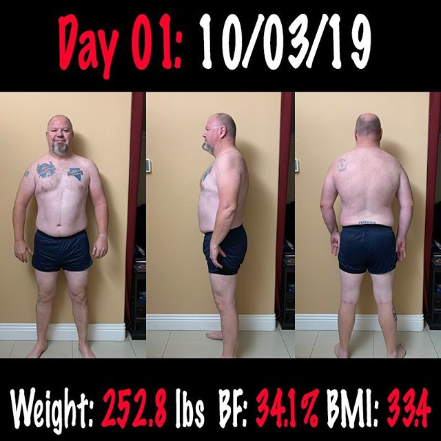 Project_CRH "90 Day Challenge" Round 3 - Day 01  This is my starting point for this challenge. My goal is to get down some where around 225lbs or lower again and also build up my muscle mass along with my strength.

#workinprogress 